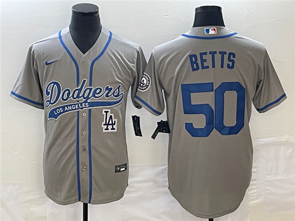 Men's Los Angeles Dodgers #50 Mookie Betts Gray With Patch Cool Base Stitched Baseball Jersey